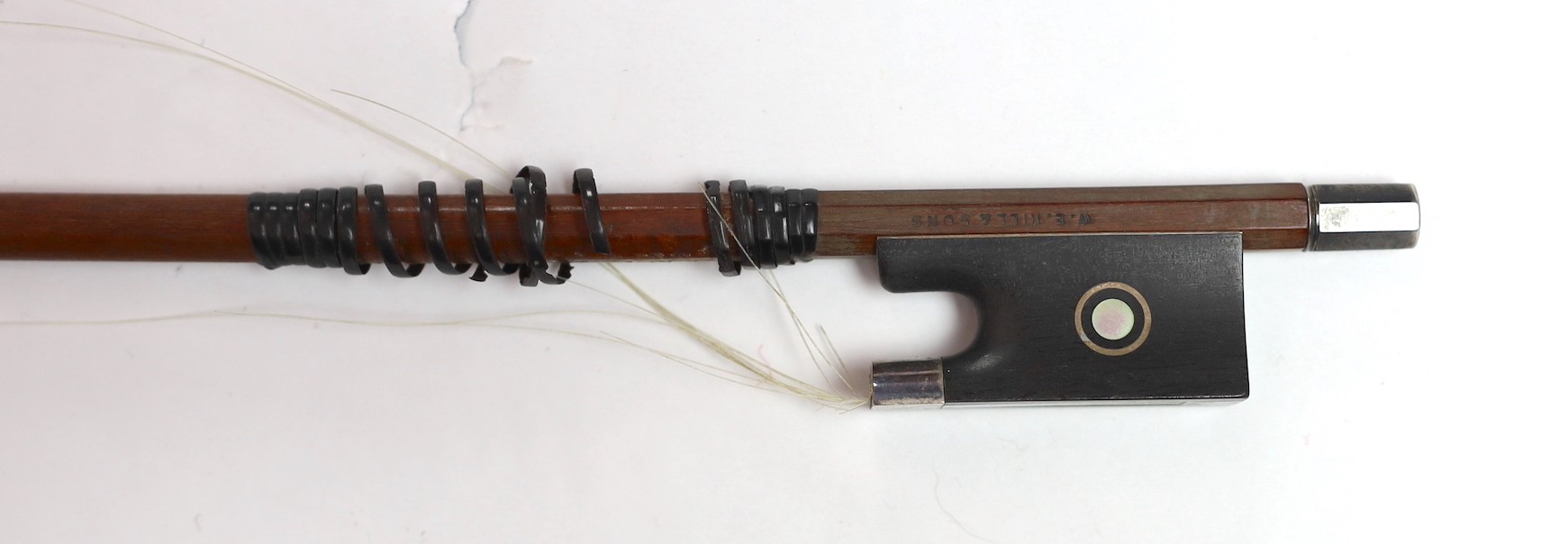 W.E.Hill & Son. An early 20th century violin bow, 74cm, violin back 37cm, overall is 59cm